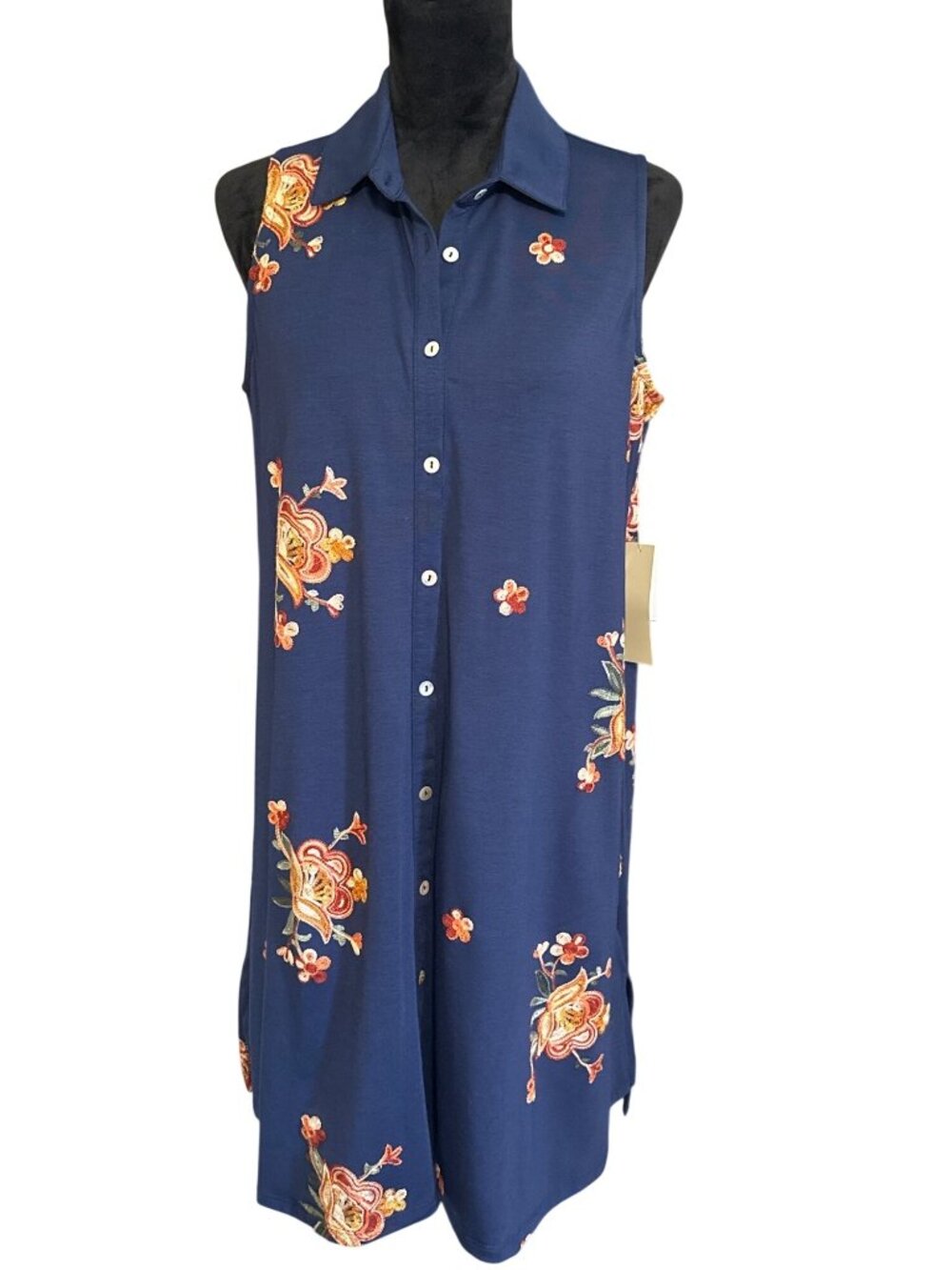 Floral Embroidered Navy Sleeveless Button-Down Dress Medium By Figure Slim